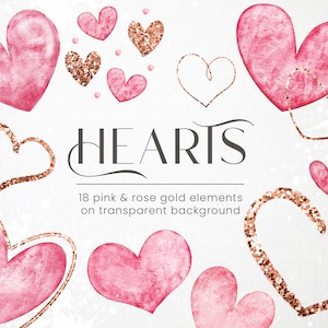 Corazones de acuarela rosa, Corazones brillantes de oro rosa, Imágenes prediseñadas de corazón, Corazones pintados a mano, Corazones de acuarela, Día de San Valentín, PNG transparente