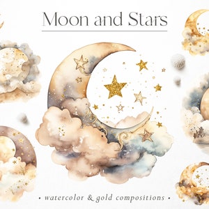 Watercolor moon and stars with golden finish, Watercolor stars, Watercolor landscapes, Moon overlays, Painted moon, Gold stars, PNG overlays image 1