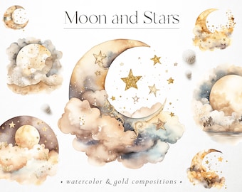 Watercolor moon and stars with golden finish, Watercolor stars, Watercolor landscapes, Moon overlays, Painted moon, Gold stars, PNG overlays