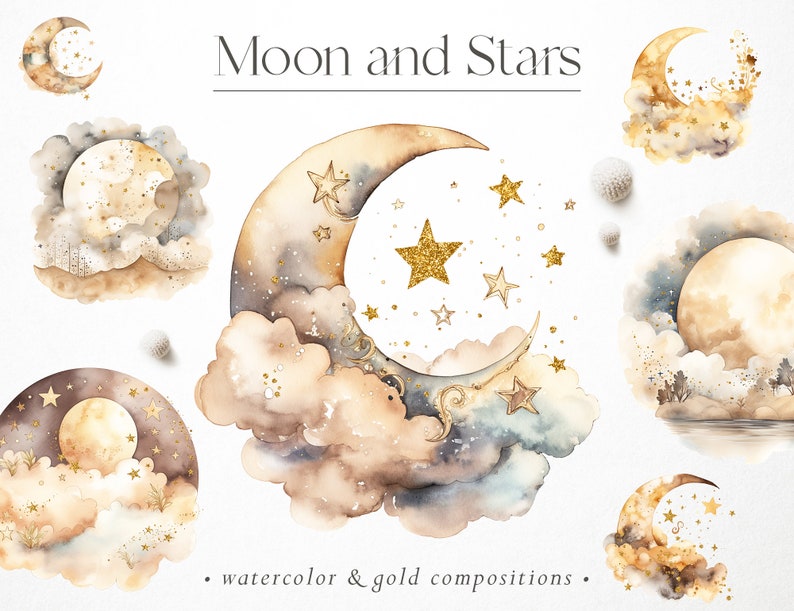 Watercolor moon and stars with golden finish, Watercolor stars, Watercolor landscapes, Moon overlays, Painted moon, Gold stars, PNG overlays image 1