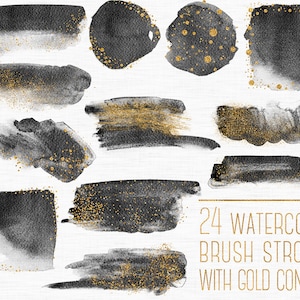 Black watercolor brush strokes clipart, Gold glitter brush strokes clip art, Black and gold confetti, Gold watercolor, Paint splatters, png