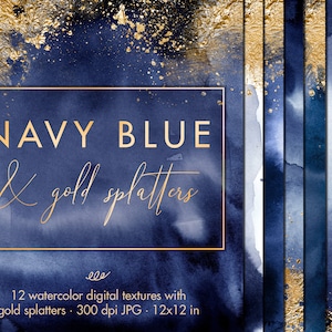 Marineblaue digitale Papiere mit Goldfolie, Aquarell digitales Papier Clipart, Aquarell Tapete, Denim Aquarell Hintergrund, Maltextur