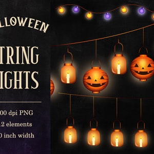 May include: Digital illustration of Halloween string lights. The image features orange jack-o'-lanterns and lantern-shaped lights with lit candles. The string lights are 10 inches wide and include 12 elements. The text "Halloween String Lights" is at the top.
