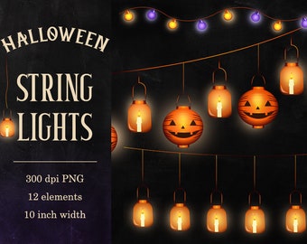 Halloween string lights clipart, Pumpkin lanterns, Halloween lights, Bunting lights overlay, Fairy lights, Party lights, Sparkling lights