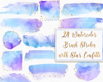 Blue Watercolor Brush Strokes Clipart: Gold Star Confetti (Digital Download)