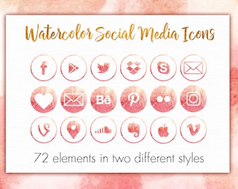 Watercolor social media icons, Watercolor icons, Social media buttons, Website icons clipart, Blog buttons, Watercolor clipart, Banner