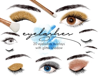 Glitter Eyelashes Clipart: Gold, Rose Gold & Silver Eyeshadow (PNG Digital Download)