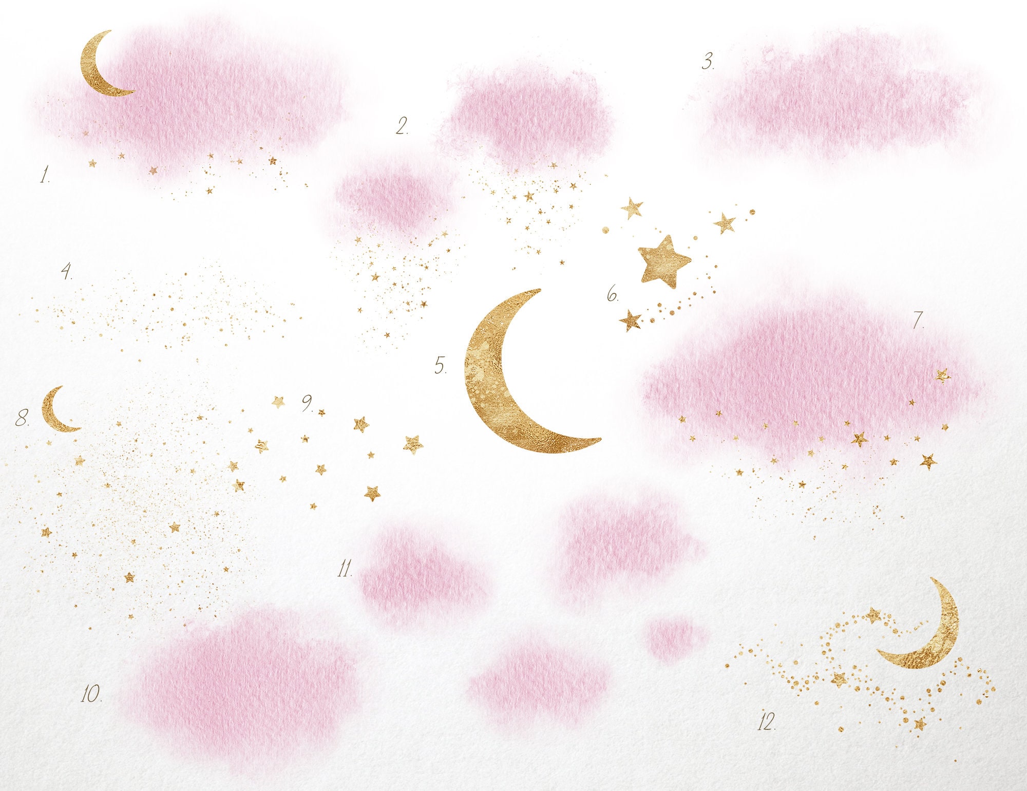 Pink Clouds and Stars Clipart Gold Star Digital Overlays Etsy UK