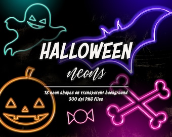 Clipart al neon di Halloween: sovrapposizioni PNG di fantasmi, pipistrelli e zucche (download immediato)