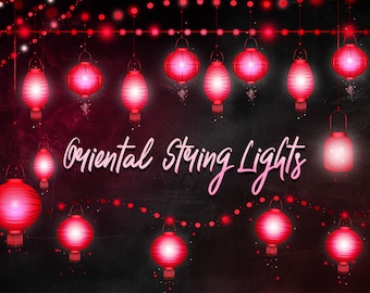 Asian lanterns clipart, String lights clipart, Chinese lights, Bunting lights overlay, Fairy lights, Party lights, Oriental lights