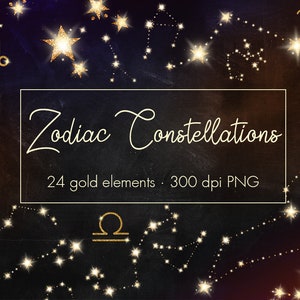 Clipart de constelações do zodíaco dourado, estrelas douradas, clipart do zodíaco, clipart dos signos do zodíaco, sobreposições, céu noturno, brilho dourado, download instantâneo