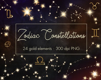 Gold zodiac constellations clipart, Gold stars, Zodiac clipart, Zodiac signs clip art, Overlays, Night sky, Gold glitter, Instant download