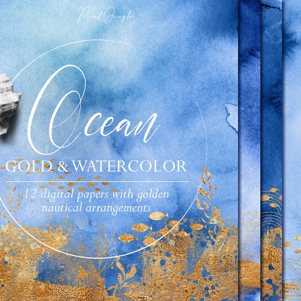 Oceanische digitale papieren, Oceaan achtergronden, Aquarel texturen met goud, Gouden aquarel papieren clipart, Blauwe aquarel behang, JPG