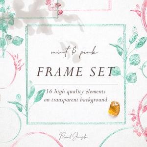 Metallic frame overlays, Mint green and silver frame clipart, Floral frames, Round frames, Frame clipart, Geometric frames, Design elements