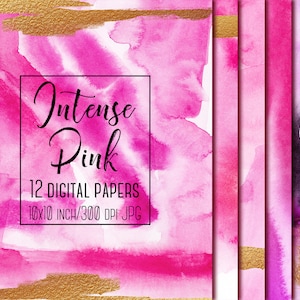 Intense pink and gold watercolor digital paper, Watercolor texture, Paper pack, Watercolor paper, Paint texture, Paint background, JPG