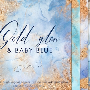 Carta digitale ad acquerello blu bambino con lamina d'oro, Clipart di carta ad acquerello, Carta da parati ad acquerello, Sfondo, Trame blu, Texture di vernice
