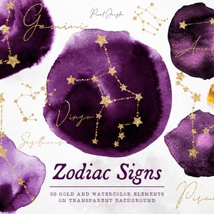 Clipart zodiacale, Clipart costellazioni zodiacali d'oro, Zodiaco acquerello, Astrologia, Clipart Celeste, Sovrapposizioni zodiacali, Zodiaco viola, PNG