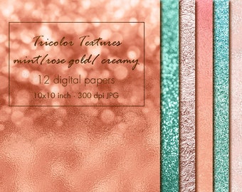 Abstract textures clipart, Rose gold digital paper, Creamy digital paper, Mint paper pack, Wallpaper, Background, Metallic papers, Glitter