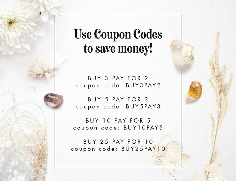 May include: White card with black text listing coupon codes for discounts on purchases. The text reads "Use Coupon Codes to save money!" followed by four lines of text with the following format: "BUY [number] PAY FOR [number] coupon code: [code]"