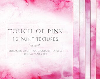 Può includere: Un set di 12 texture digitali ad acquerello in tonalità rosa. Le texture sono chiamate "Touch of Pink" e sono descritte come "Texture di acquerello luminose romantiche, set di carte digitali".