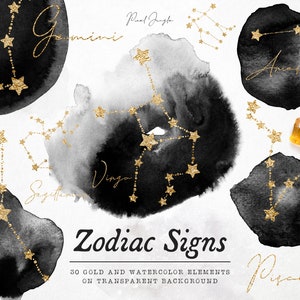 Gouden dierenriem sterrenbeelden clipart, Zodiac clipart, Aquarel dierenriem, Astrologie, Hemelse clipart, Zodiac overlays, Zwarte dierenriem, PNG