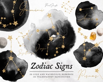 Gold Zodiac Constellations Clipart: Watercolor Astrology PNG (Digital Download)