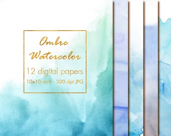 Blue ombre Watercolor Digital Paper, Watercolor texture, Watercolor paper clipart, Paper pack, Watercolor clipart, Paint texture