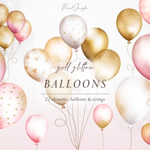 Pink and gold balloon clipart, Gold balloons, Pink balloons, Gold glitter balloons, Gold design elements, Birthday balloon, Star balloons