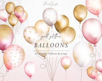 Pink and Gold Balloon Clipart: Glitter Birthday Design Elements (Digital Download)
