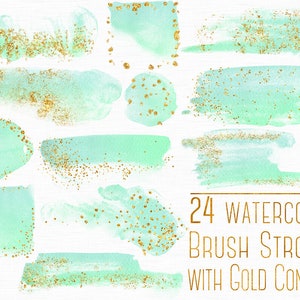 Mint penseelstreken met gouden glitter, Mintgroene ontwerpelementen, Aquarel penseelstreken, Aquarel banner, Penseelstreken clipart
