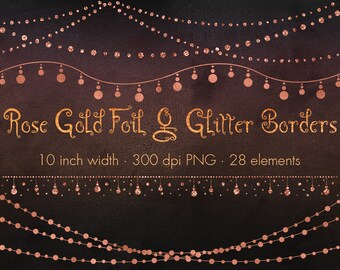 Rose Gold Glitter Borders Clipart, Foil Ornaments (PNG, Digital Download)