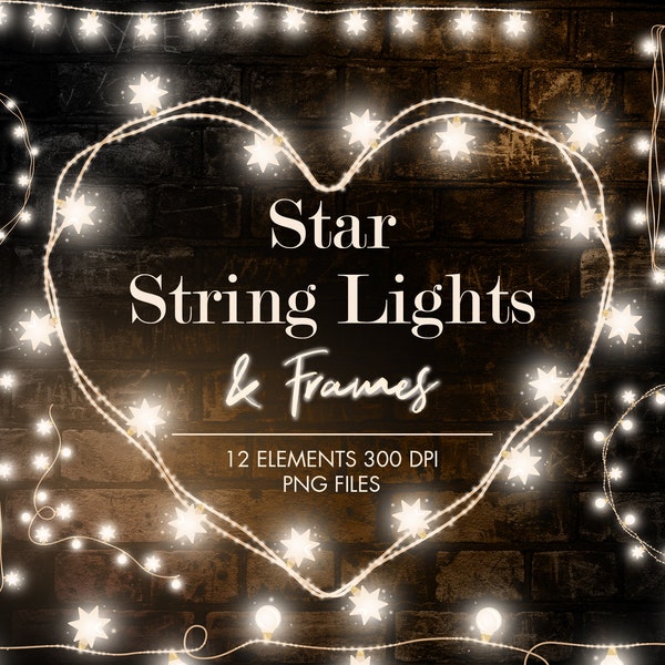 Star String Lights and frames Clipart, Winter String Lights, Frame Clipart, Glowing Frames, Fairy Lights, Rustikale Clipart, Transparent PNG