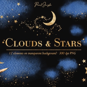 Diepblauwe wolken en sterren clipart, Gouden ster digitale overlays, Gouden maan, Nachtelijke hemel clipart, Blauwe wolken clipart, Hemelse overlay, PNG