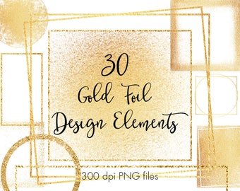 Clipart de elementos de diseño de oro, elementos de lámina de oro metálico, imágenes prediseñadas de formas de oro, clipart de trazos de oro, clipart de marcos de oro, círculos de oro