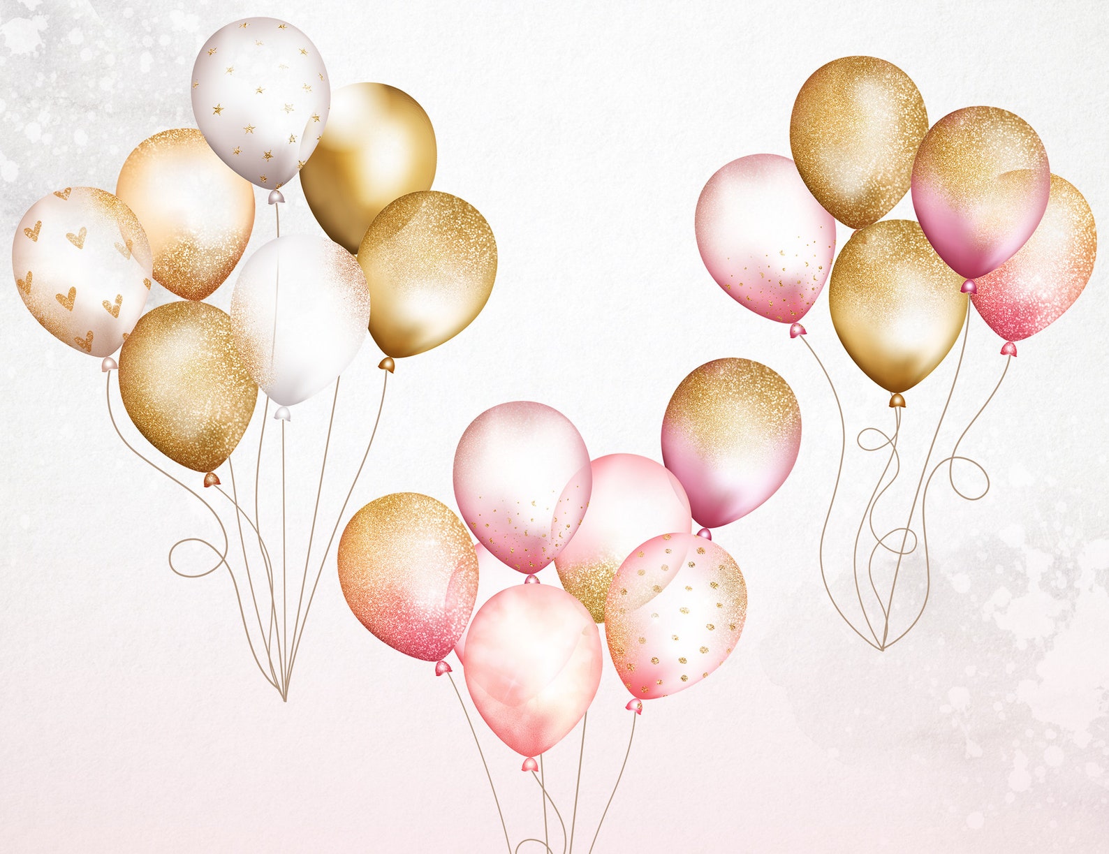 Pink and Gold Balloon Clipart, Gold Balloons, Pink Balloons, Gold