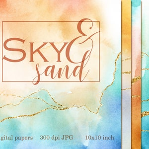 Papel digital dourado e aquarela, papéis de folha de ouro, veios de ouro, papel de parede aquarela céu e areia, fundo aquarela, pacote de papel