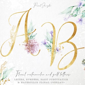 Gold Buchstaben mit aquarell floralen Elementen, Gold Alphabet Clipart, Gold Buchstaben Clip Art, Großbuchstaben, Monogramm Buchstaben, Gold Monogramme