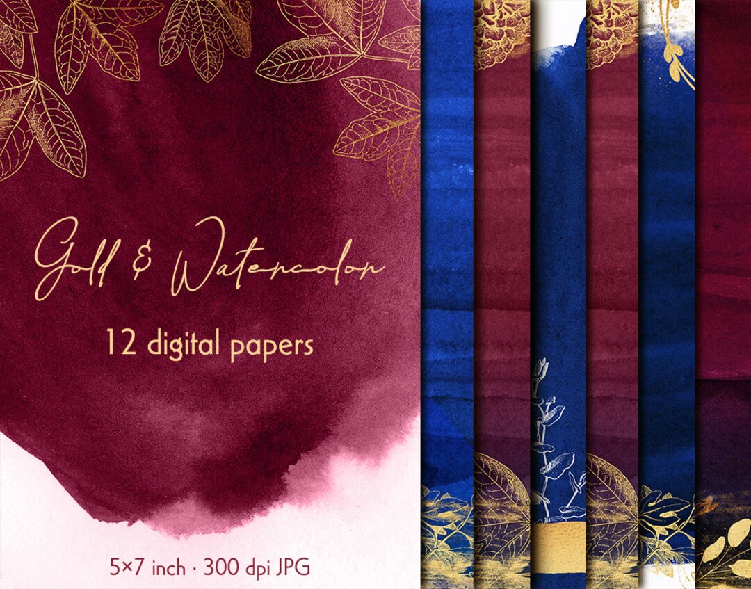 Burgundy Digital Paper Clipart, Navy Blue Digital Papers, Gold Papers, Gold Floral Background