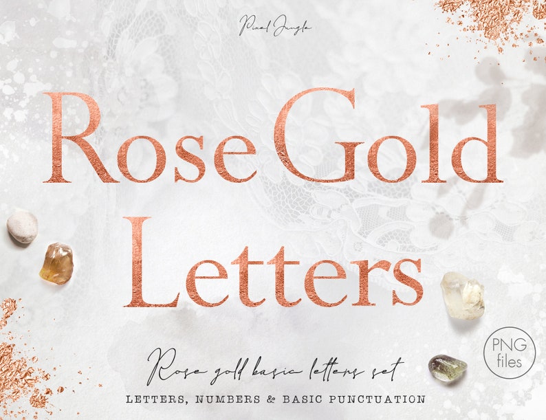 May include: Rose gold letters, numbers, and basic punctuation in a PNG file format. The letters are displayed on a white background with a lace pattern and gold glitter.
