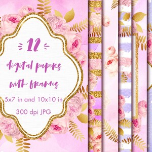 Digital papers with frames, 5x7, Floral digital paper clipart, Invitation clipart, Floral frames clipart, Cover templates, Floral paper, JPG