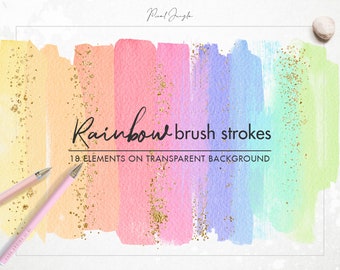 Rainbow brush strokes clipart, Rainbow watercolor brush strokes clip art, Gold confetti, Gold foil brush strokes, Watercolor design elements