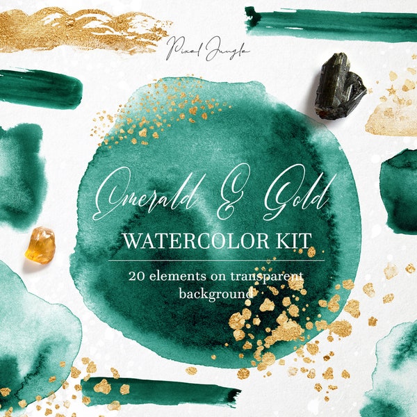 Gold and green watercolor design kit, Black watercolor design elements, Gold foil paint strokes, Gold paint splotches, Transparent PNG