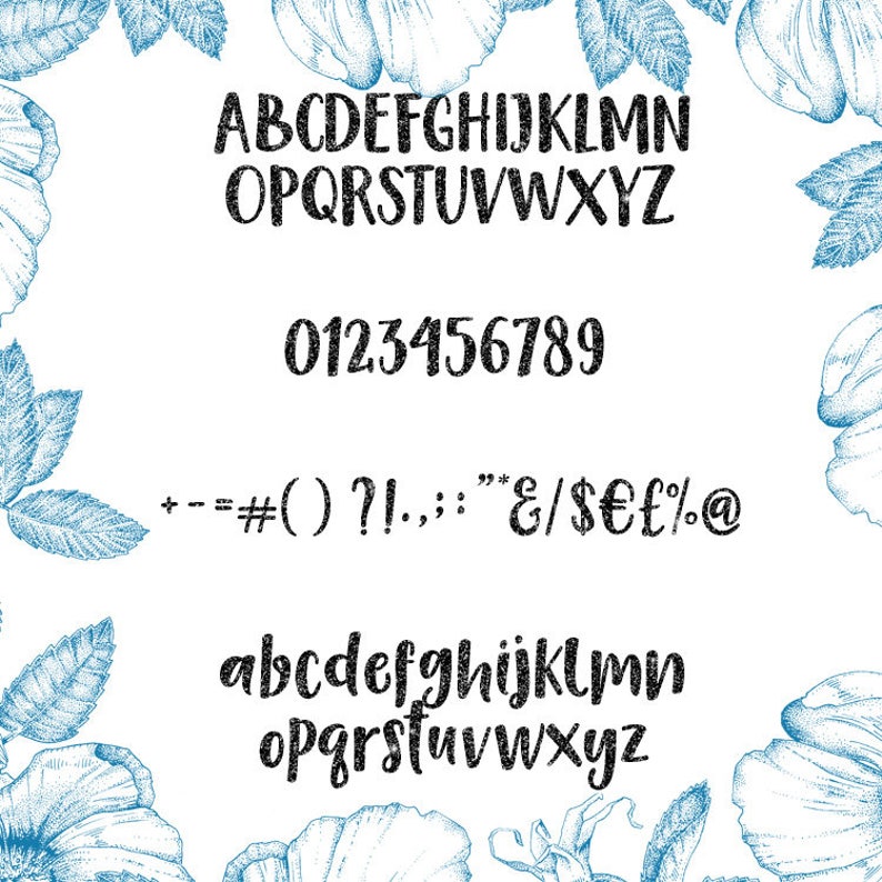 Pu&ograve; includere: Un alfabeto di font in bianco e nero con lettere maiuscole e minuscole, numeri e segni di punteggiatura. Il font &egrave; su uno sfondo bianco con illustrazioni floreali blu.