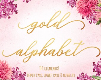 May include: Gold alphabet font with 114 elements, including uppercase, lowercase, and numbers. The font is displayed on a pink background with floral accents.
