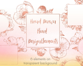 Rose gouden frame overlays, Rose gouden bloemen frames, Rose goud folie design elementen, Handgetekende frames clipart, Rose gouden clipart, Bloem