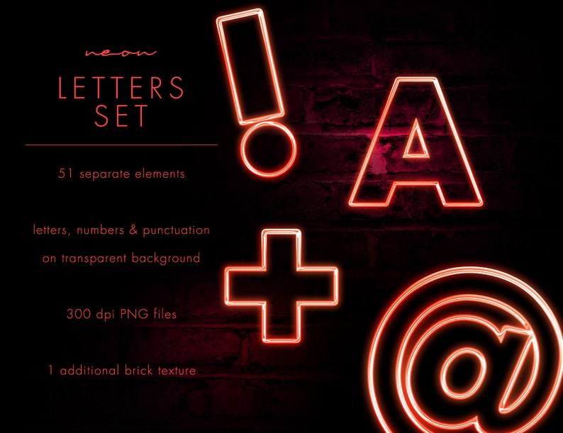 May include: A set of 51 neon letters, numbers, and punctuation marks on a transparent background. The letters are red and glow brightly. The set includes the letters A, the number 1, the plus sign, and the at symbol.