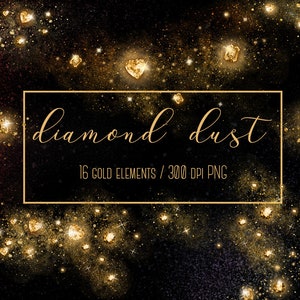 Diamond dust clipart, Gold diamond clipart, Magic dust overlay, Fairy dust, Diamond hearts, Gold overlays, Wedding clipart, Gold gems, PNG