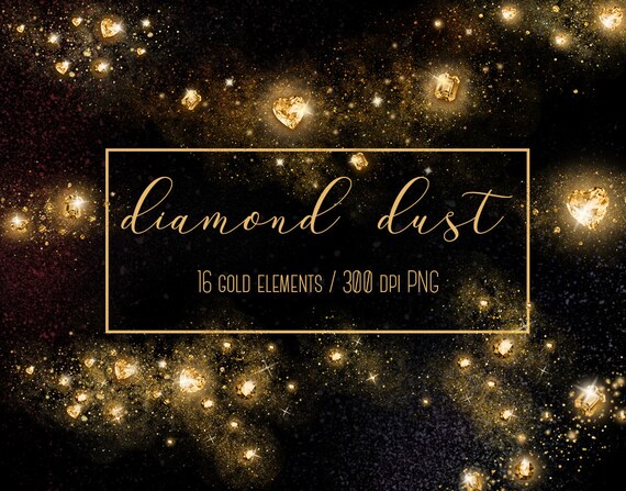 Diamond dust clipart, Gold diamond clipart, Magic dust overlay, Fairy dust, Diamond hearts, Gold overlays, Wedding clipart, Gold gems, PNG