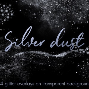 Puede incluir: Superposiciones de purpurina plateada sobre un fondo negro. Las superposiciones tienen forma de estrellas, remolinos y puntos. El texto "Silver dust" está escrito en purpurina plateada.
