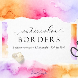 Rainbow watercolor border overlays, Border clipart, Rainbow border clip art, Rainbow design elements, Paint swatches, Transparent PNG